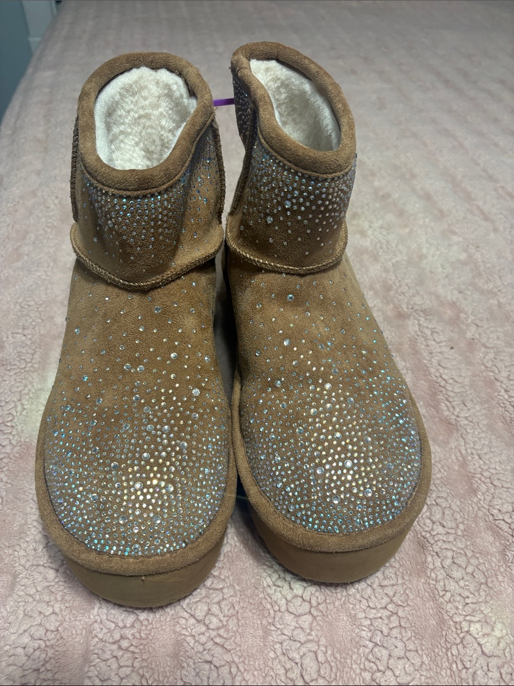 Madden Girl Brown Suede Crystal Embellished Faux-Fur Lined Boots snow